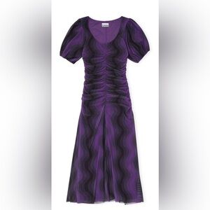 NWOT GANNI PRINTED MESH PUFF SLEEVE U-NECK MIDI DRESS.
